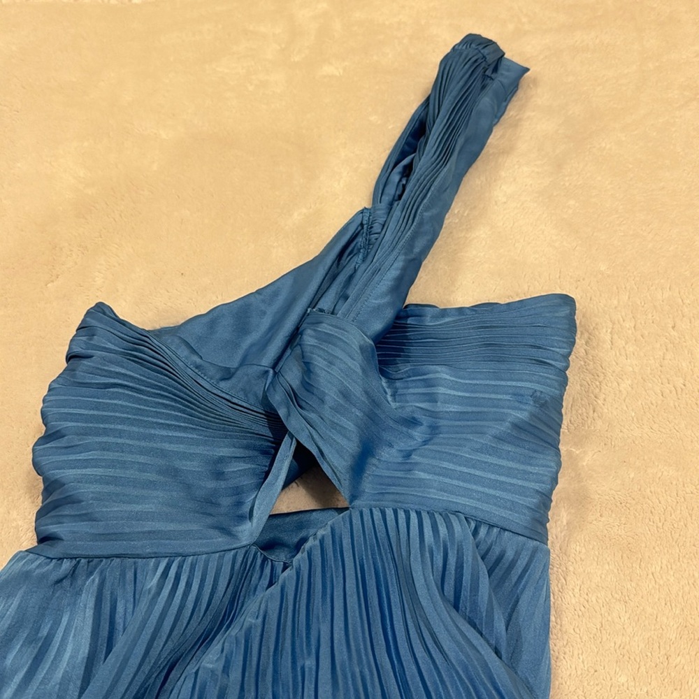 A.L.C- Nessa one shoulder cut out knotted Satin Pleated Dress in blue